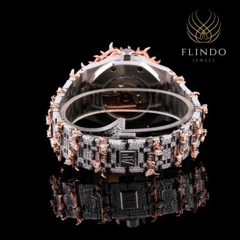 Fully Iced-Out Diamond Skeleton Luxury Watch with Rose Gold Accents – Bold Statement Timepiece for Men