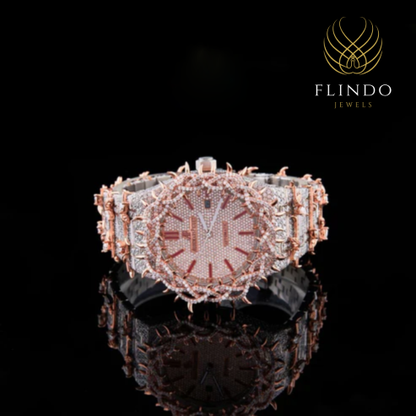 Fully Iced-Out Diamond Skeleton Luxury Watch with Rose Gold Accents – Bold Statement Timepiece for Men