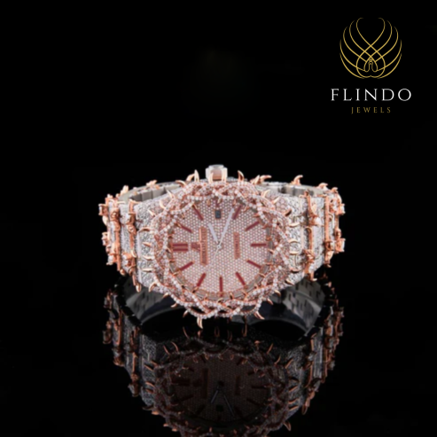 Fully Iced-Out Diamond Skeleton Luxury Watch with Rose Gold Accents – Bold Statement Timepiece for Men