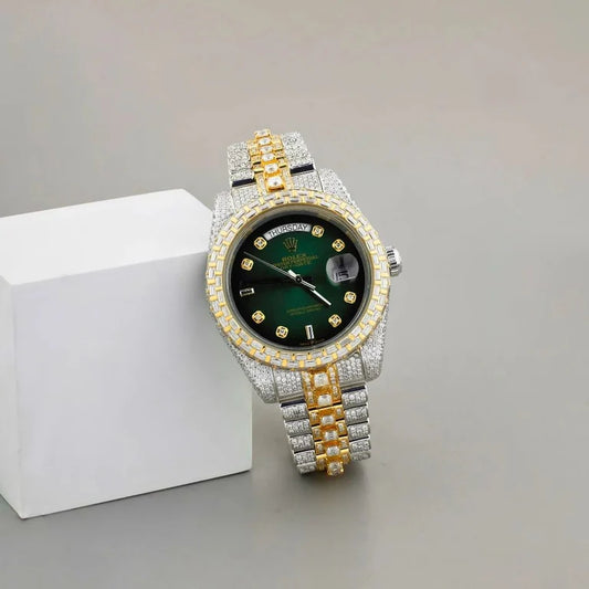 Emerald Empire Two-Tone Diamond Timepiece with Green Majesty By CrownIce